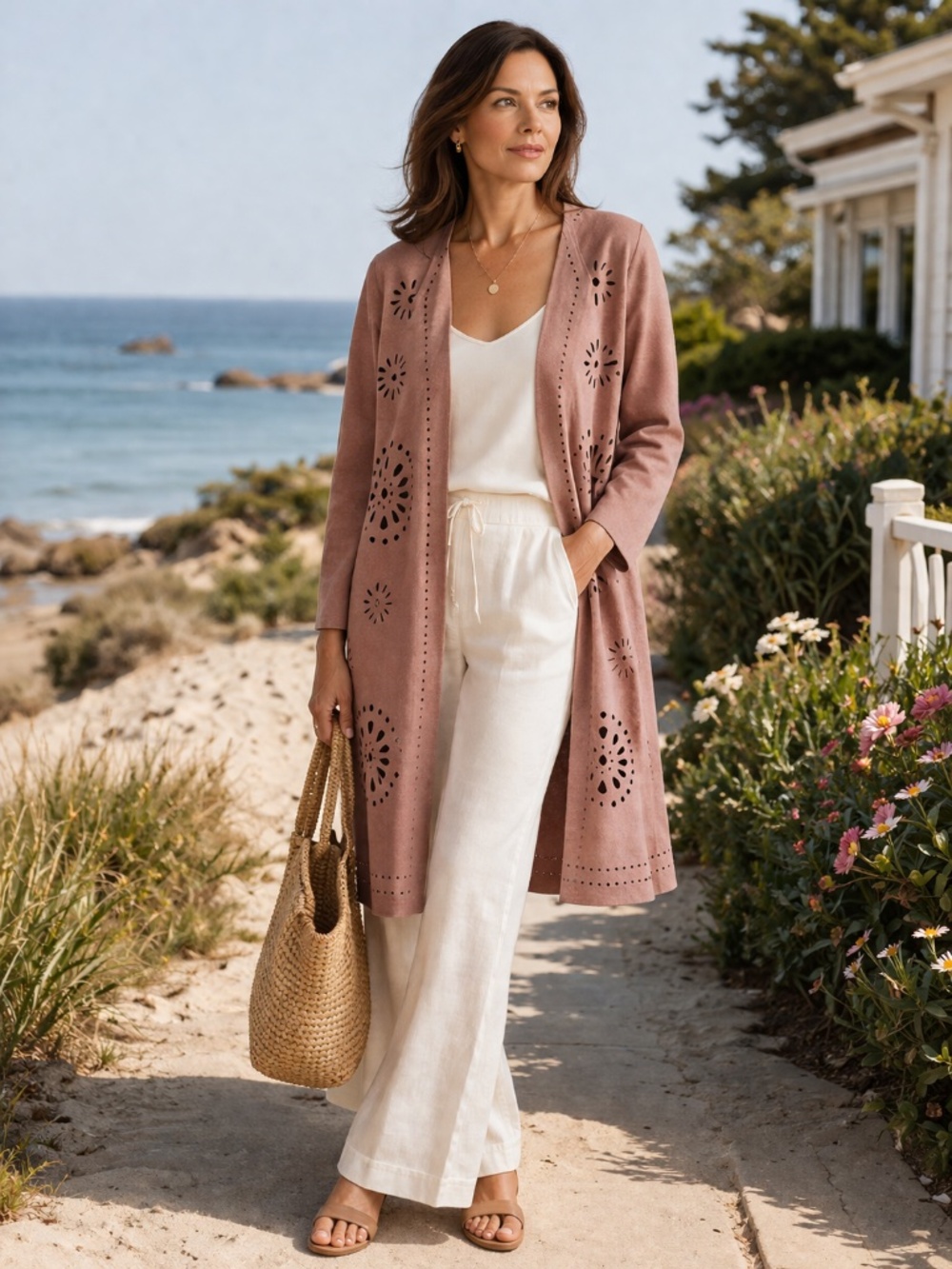 Anandas pink duster cardigan/coat vegan suede die cut outs midi boho festival